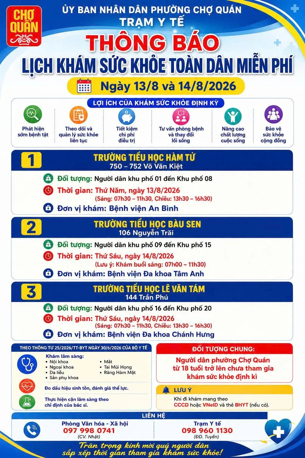 ĐIỂM KHÁM SỨC KHỎE TOÀN DÂN LƯU ĐỘNG – NGÀY 13, 14/8 TẠI PHƯỜNG CHỢ QUÁN